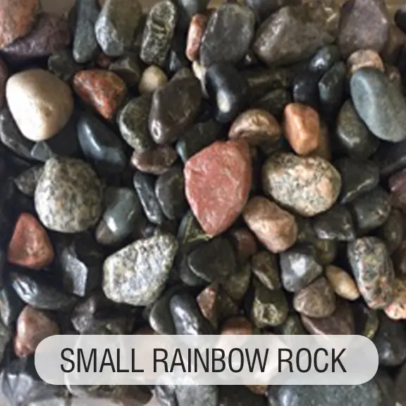 A close up of small rainbow rocks with text