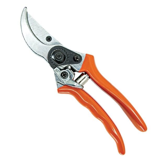 A pair of orange pruning shears with an adjustable handle.