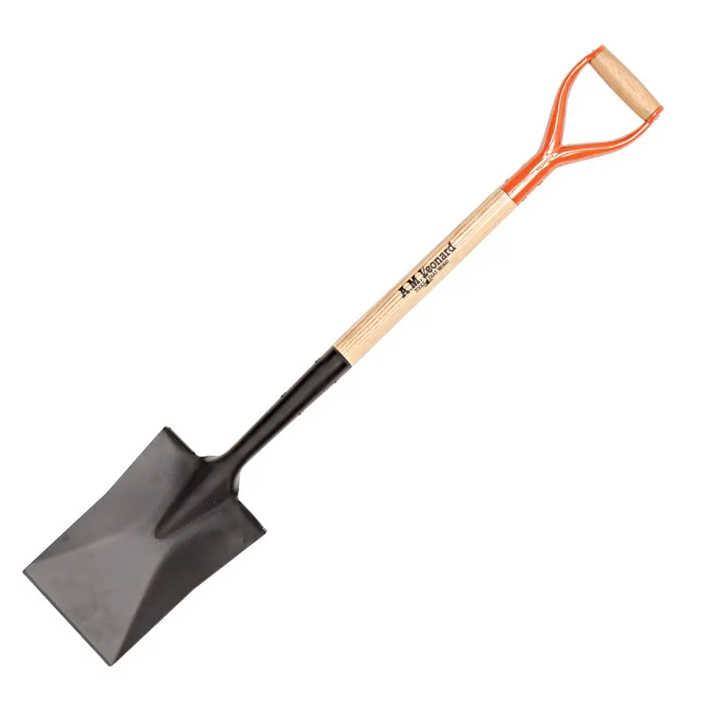 A shovel with a wooden handle and a black handle.