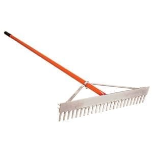 A long handle rake with orange handles and white plastic head.