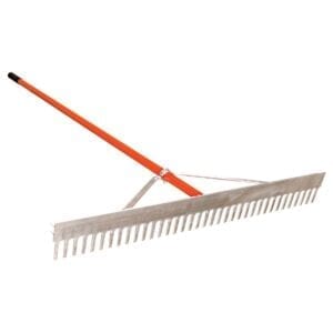 A long handle rake with metal head and orange handle.