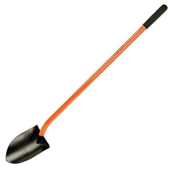 A shovel with an orange handle and black tip.