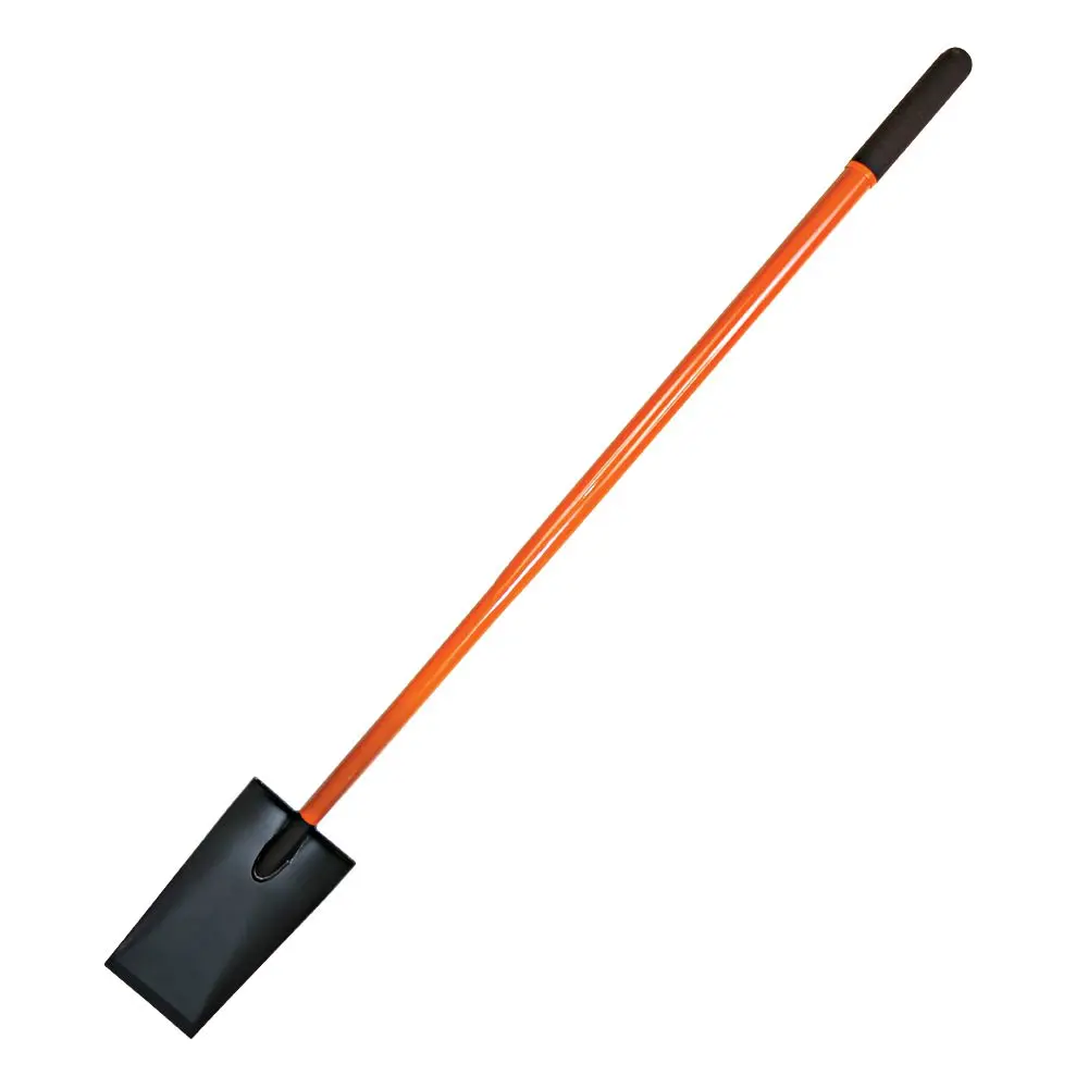 A long handled shovel with an orange handle.
