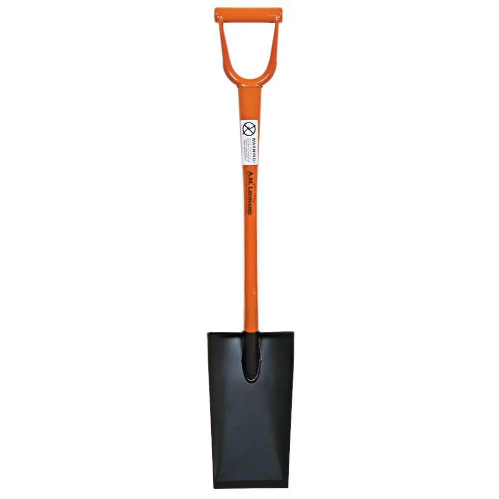 A shovel with an orange handle and black plastic head.