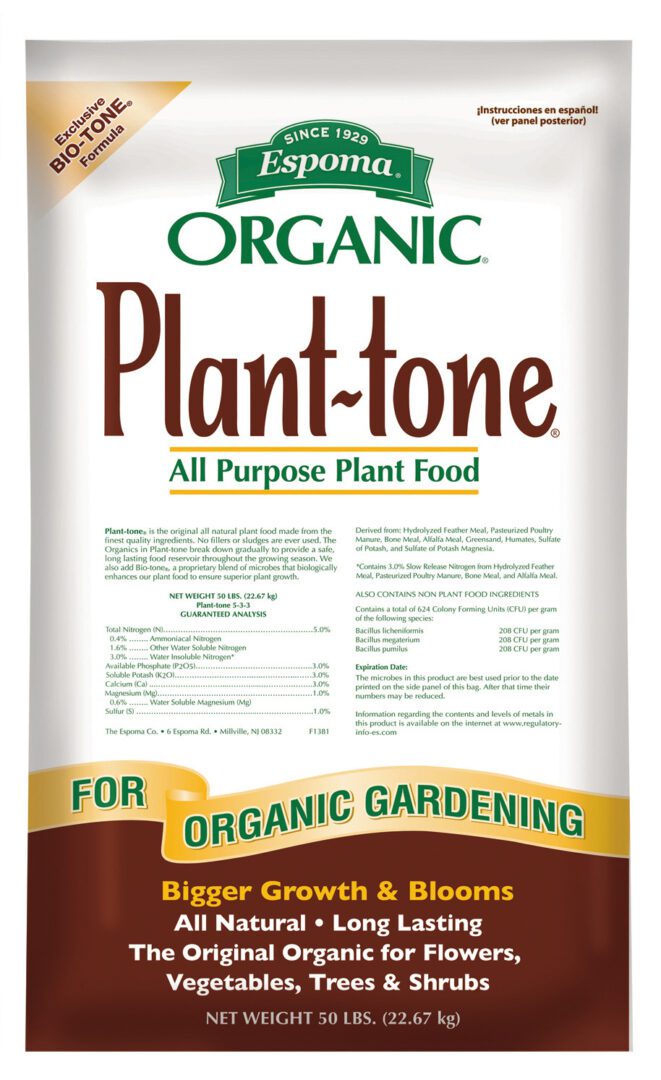 A bag of organic plant-tone all purpose plant food.