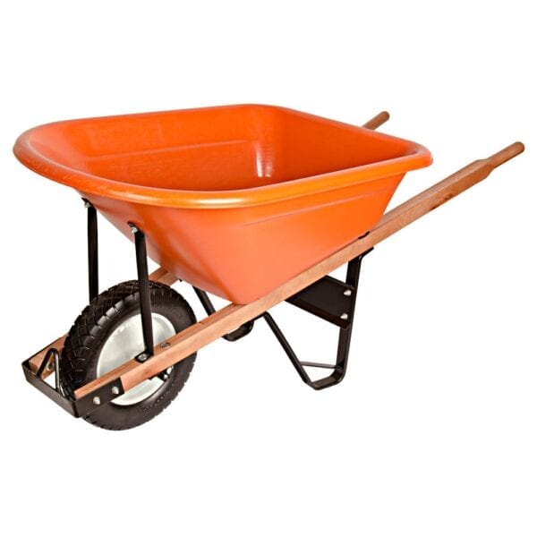 A wheelbarrow with a wooden handle and orange plastic tub.