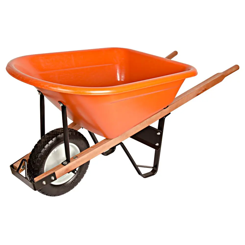 A wheelbarrow with a wooden handle and orange plastic tub.