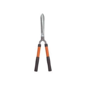 A pair of scissors with orange handles and black handle.