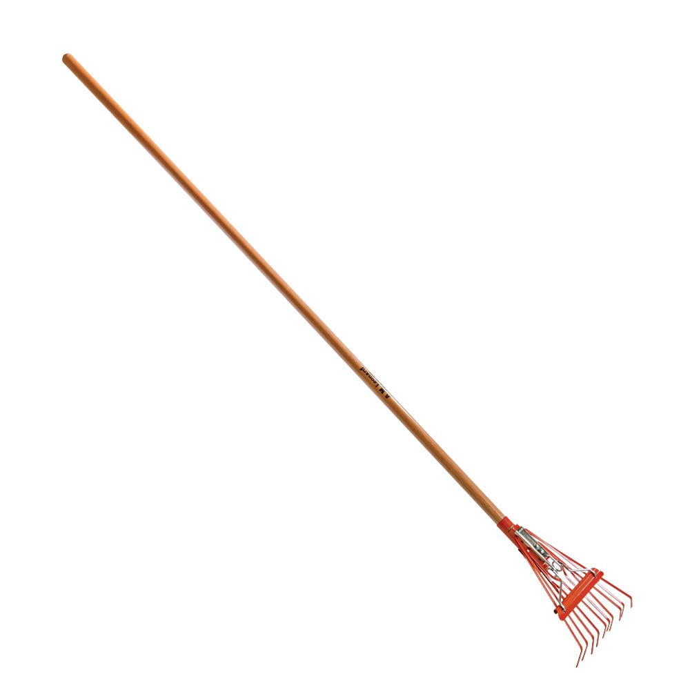 A wooden handle with an orange plastic head.