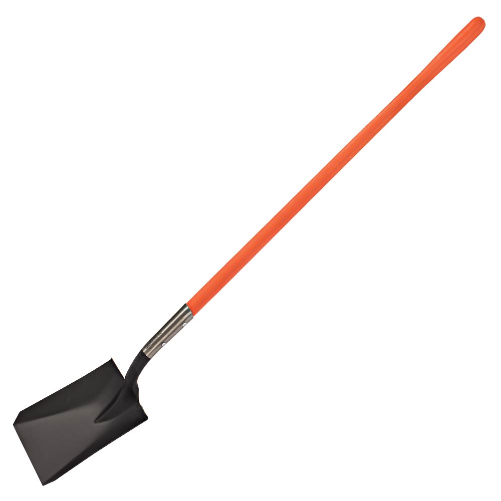 A shovel with an orange handle and black tip.