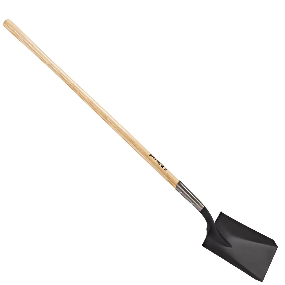 A shovel with wooden handle and black plastic head.