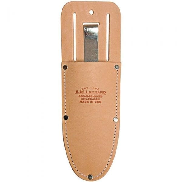 A leather holster for a belt with a knife in it.