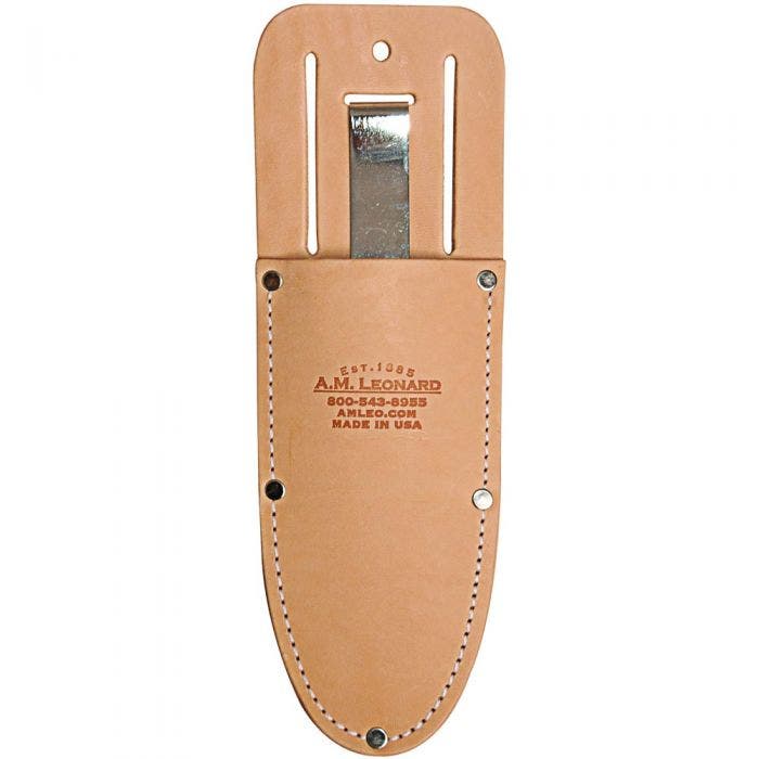 A leather holster for a belt with a knife in it.