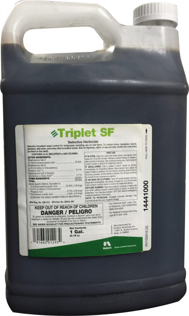 A black box of insecticide is labeled triplet sf.