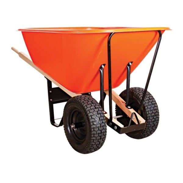 A large orange wheelbarrow with two wheels.