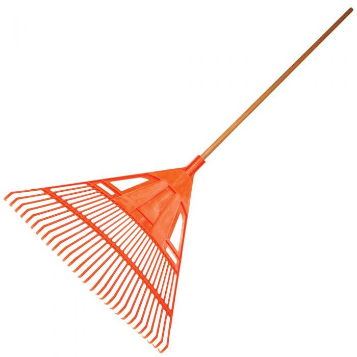 A large orange rake on top of a wooden pole.