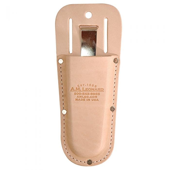 A leather holster for a knife and scissors.