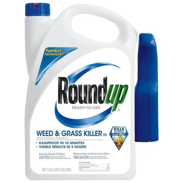 A bottle of weed and grass killer next to a blue spray can.