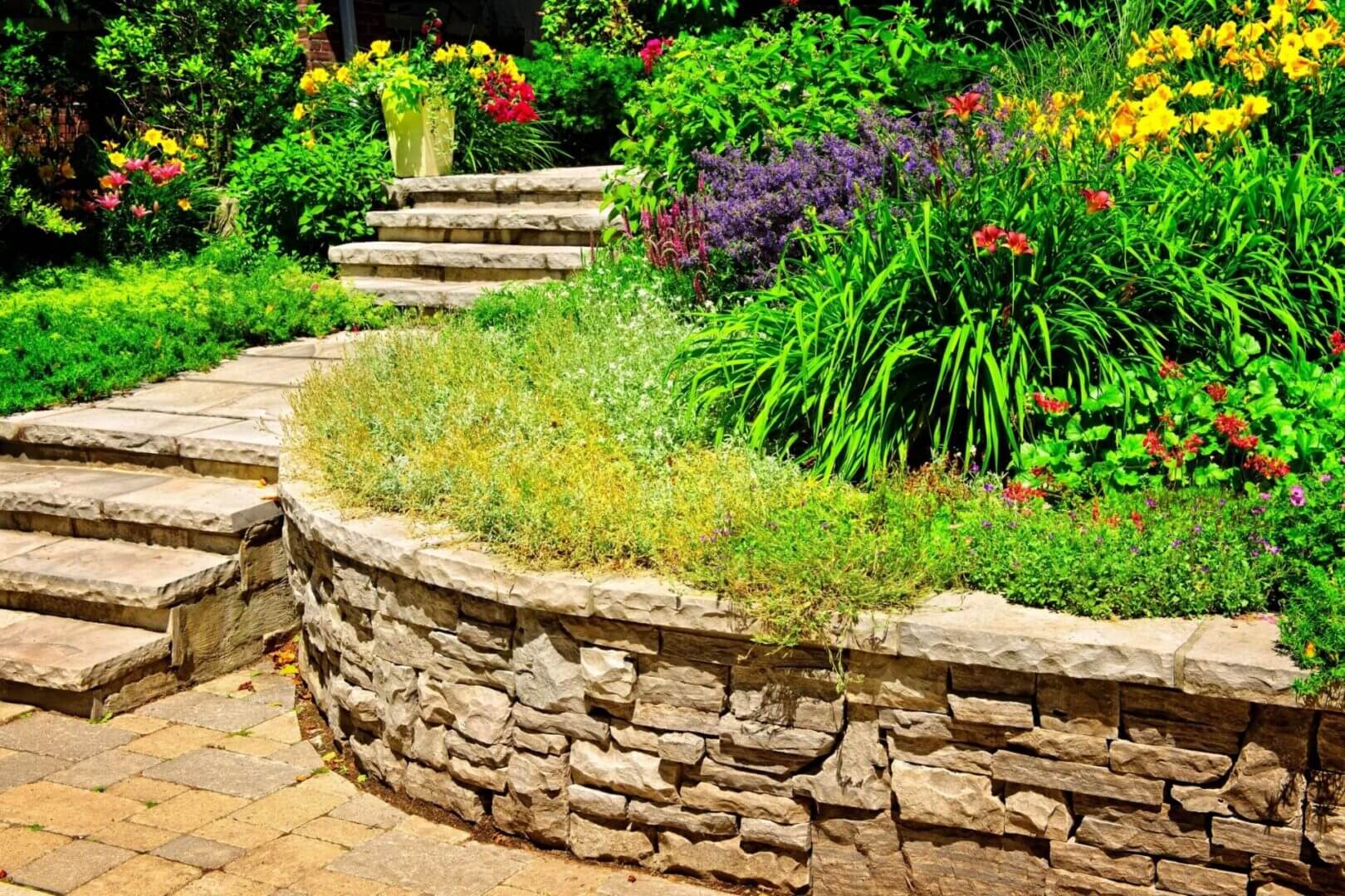 A stone wall with steps and plants in the middle.
